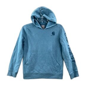 Carhartt Fleece Hoodie Kids XL (14) Blue Graphic Sleeve Logo Outdoor Gorpcore